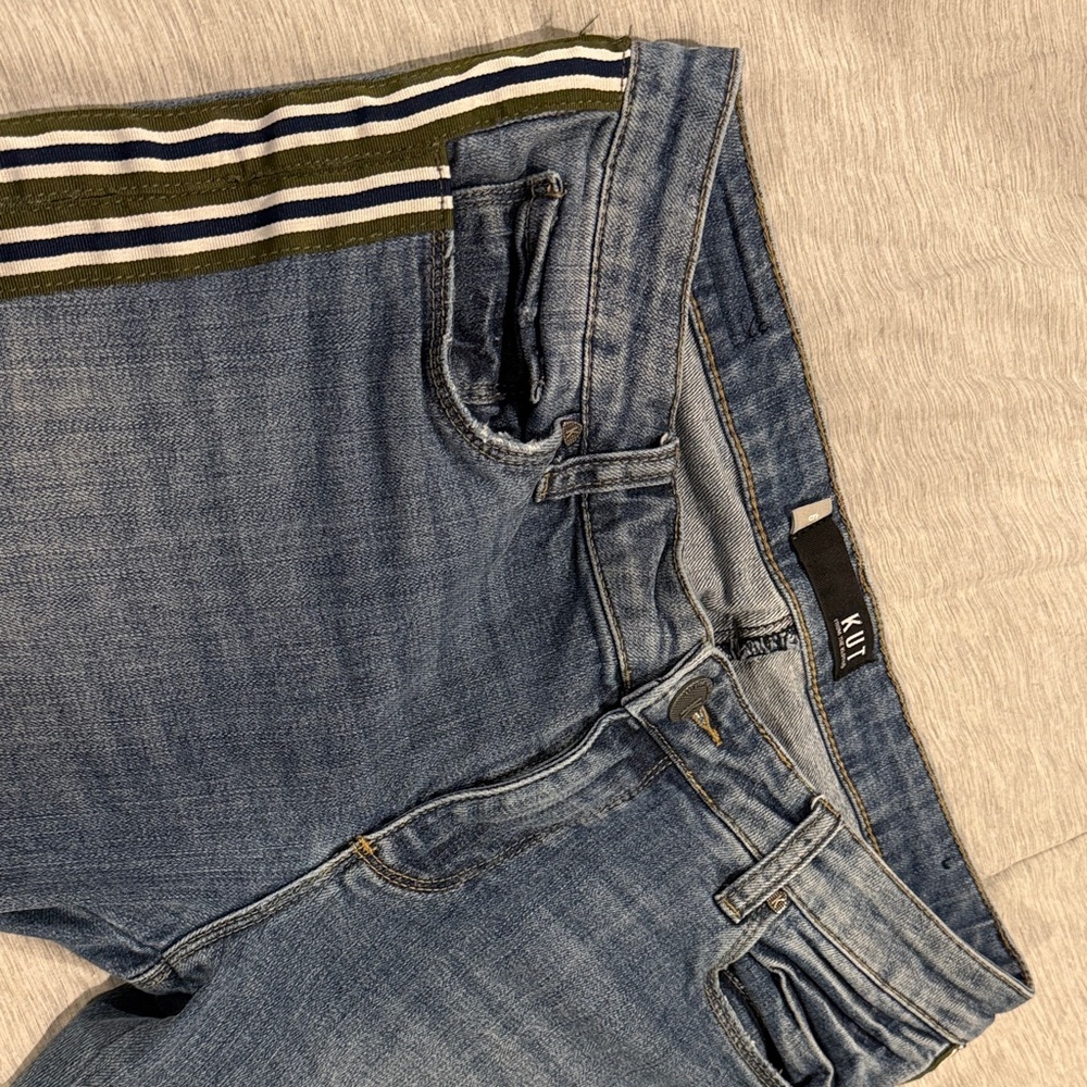 KUT from the Kloth Mid Wash Jeans with Olive & Navy Stripe Waistband